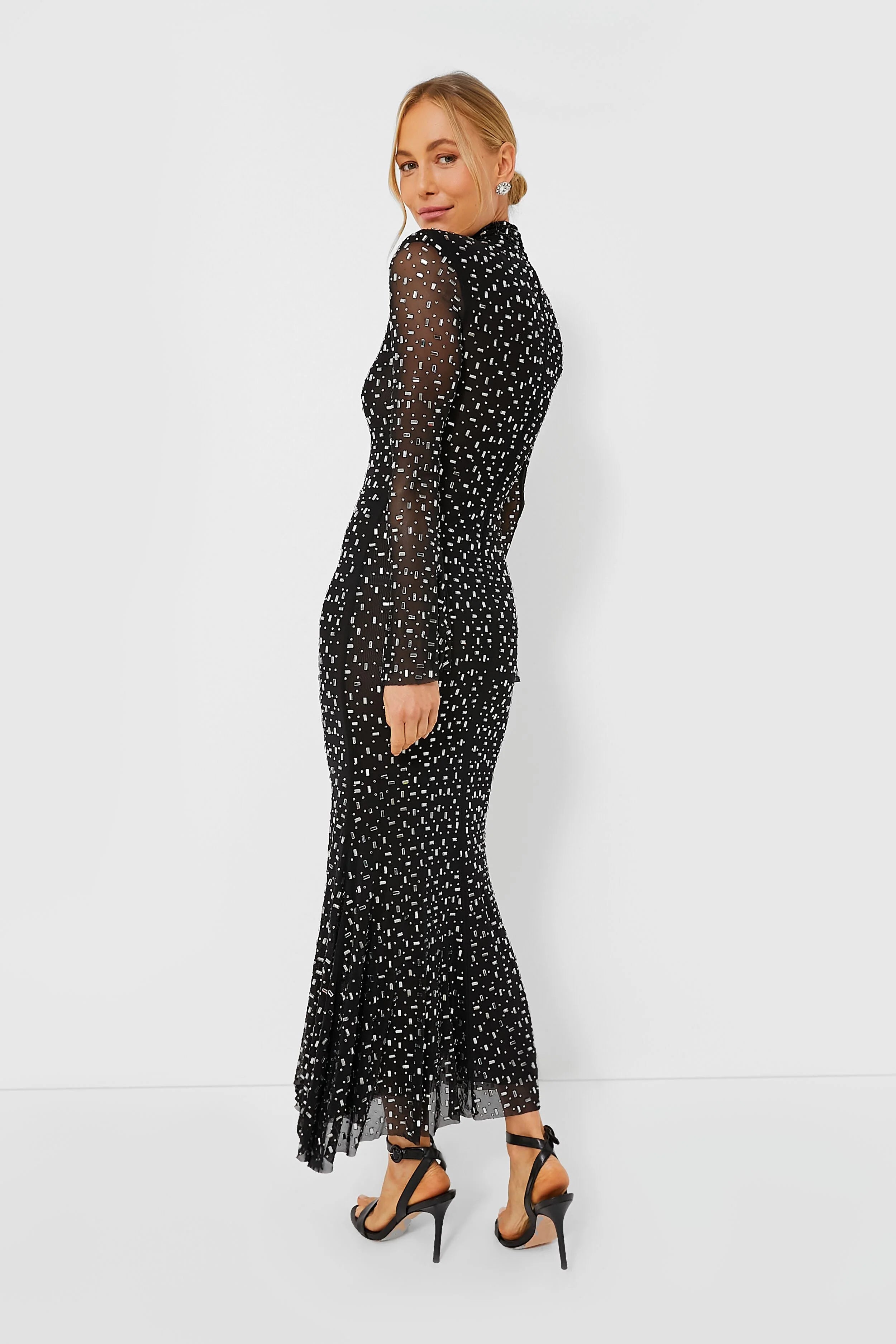 Black Square Rhinestone Mesh Midi Dress