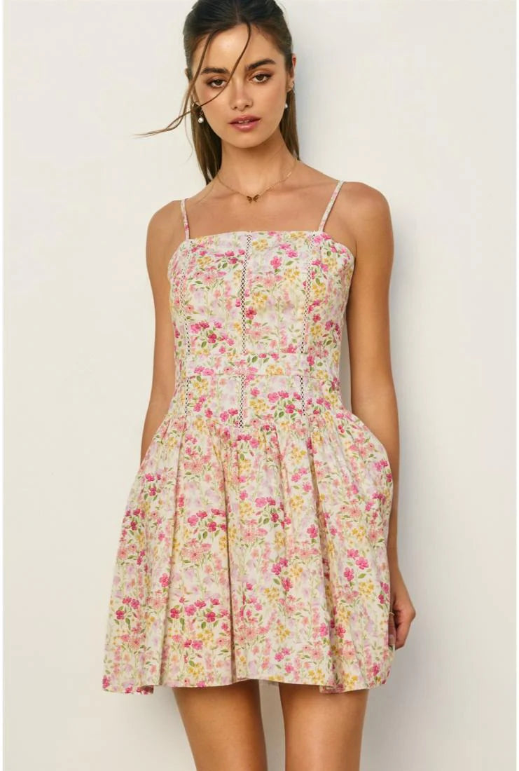 Destiny Floral Ladder Lace Pleated Flared Mini Dress