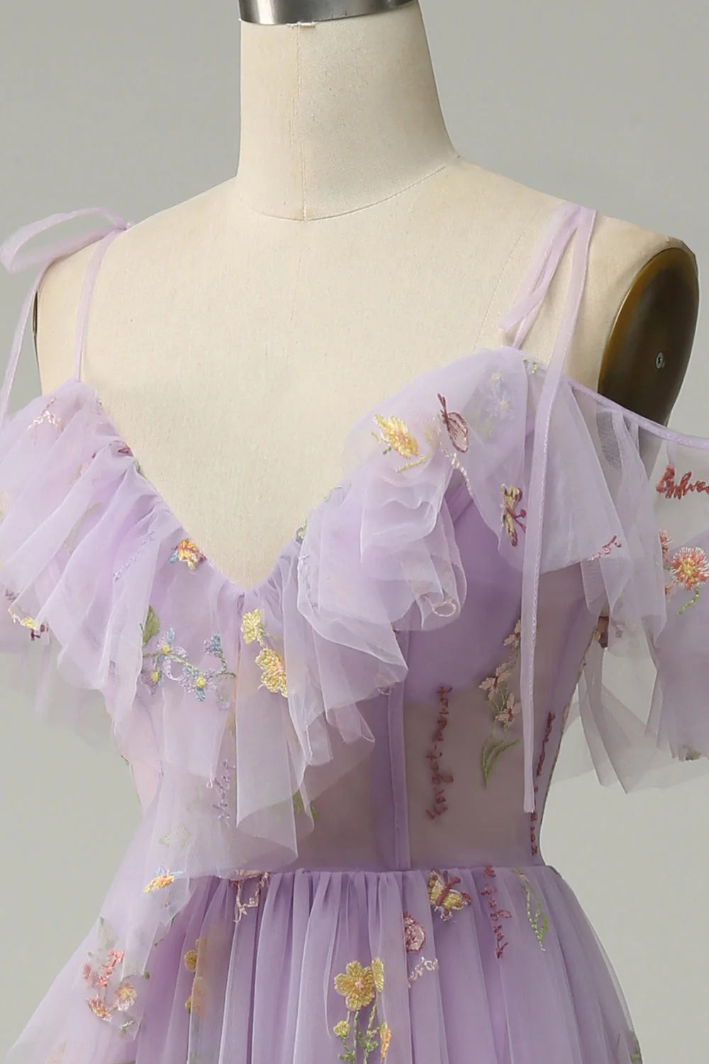 Lavender Floral Ruffles Tulle A-line Long Prom Dress