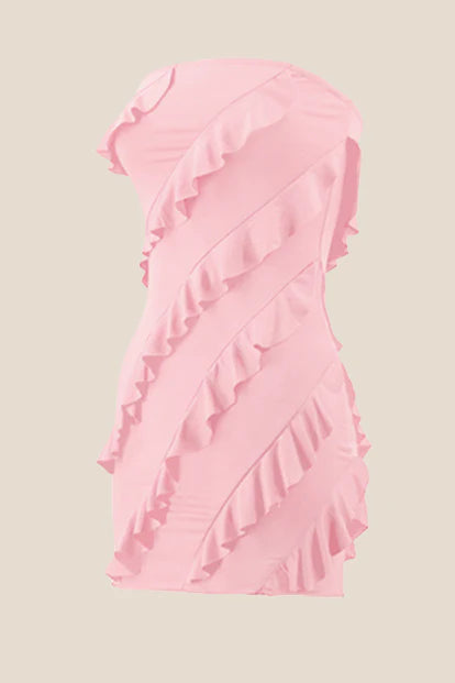 Strapless Pink Ruffled Bodycon Short Dress