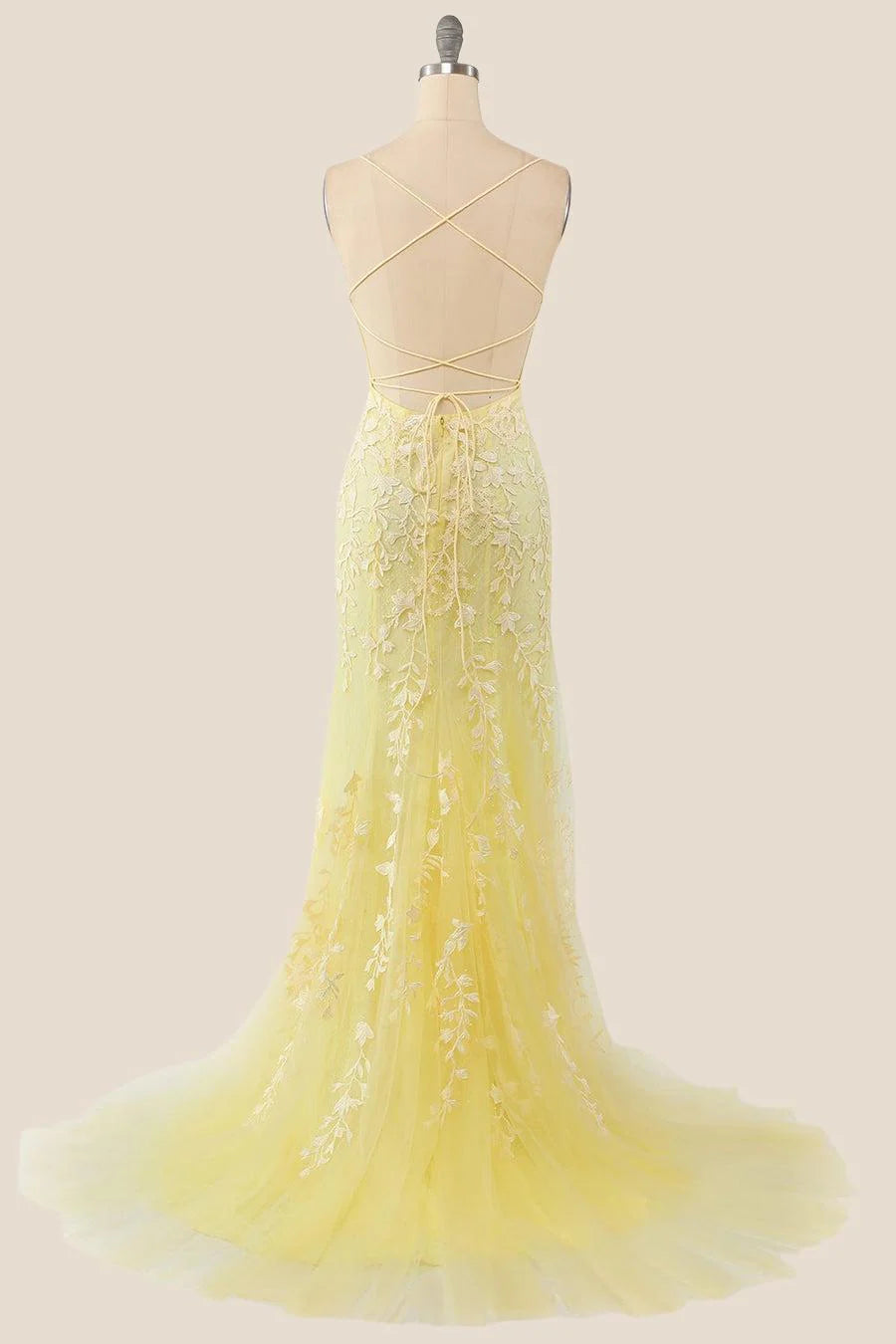 Yellow Mermaid Lace Appliques Long Formal Dress
