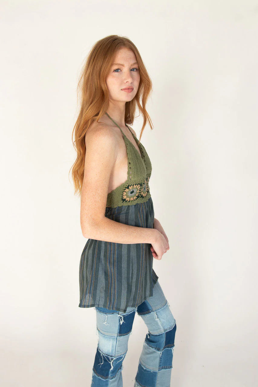 Crochet Top Striped Skirt Mini Dress