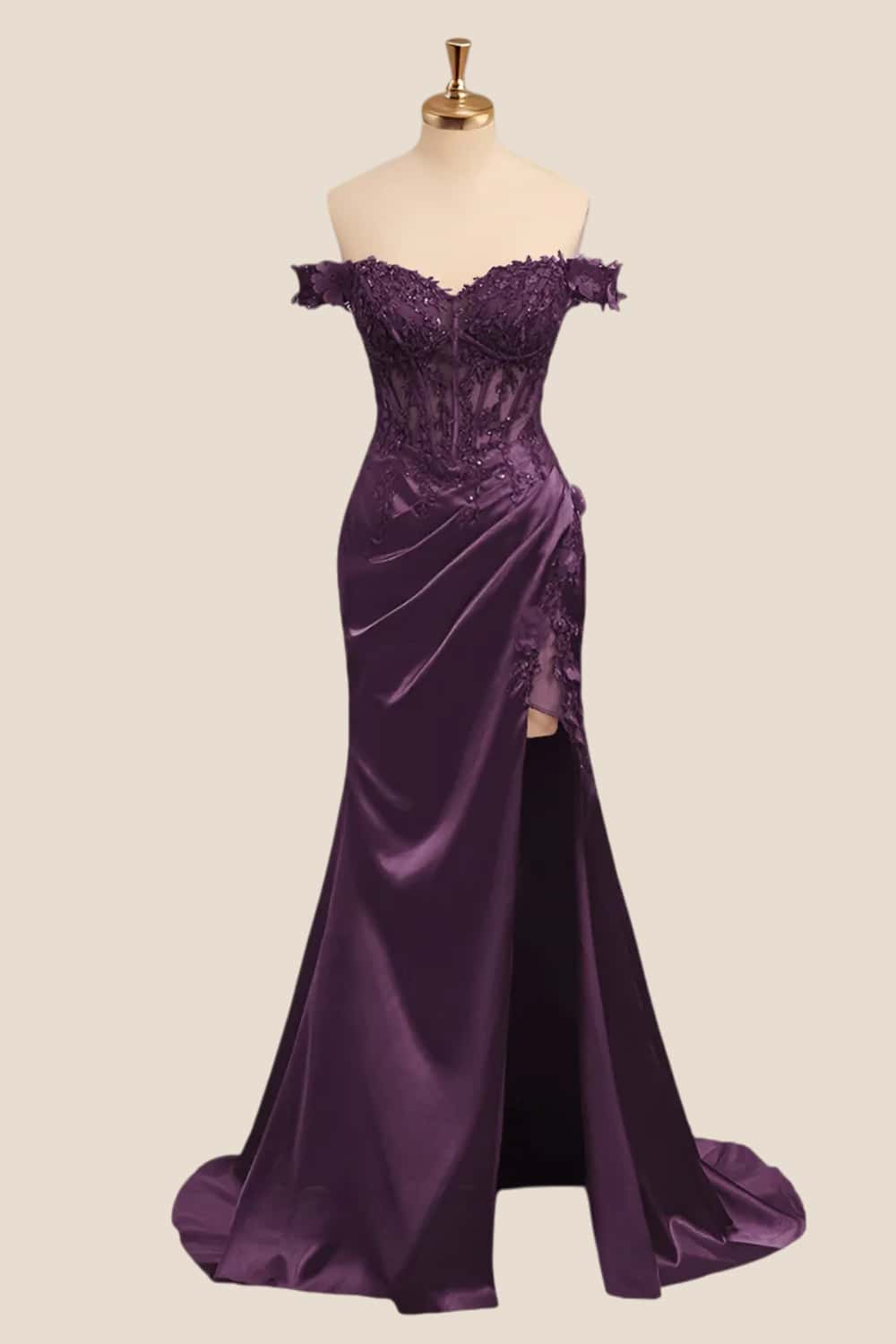 Lace Off the Shoulder Navy Blue Satin Mermaid Dress