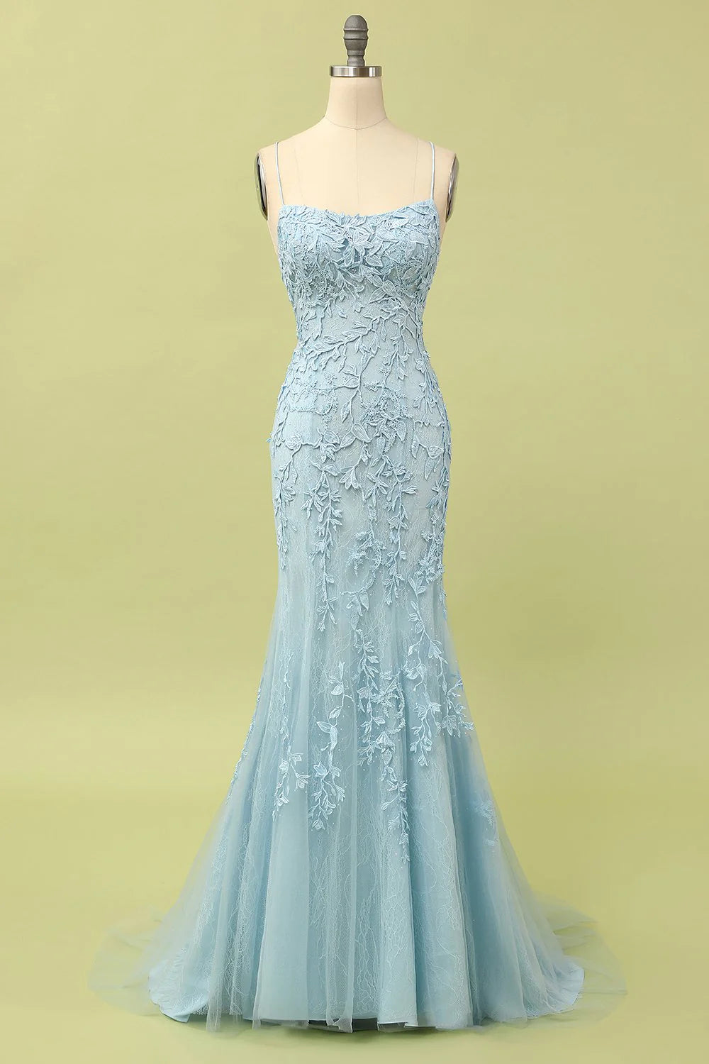 Yellow Mermaid Lace Appliques Long Formal Dress