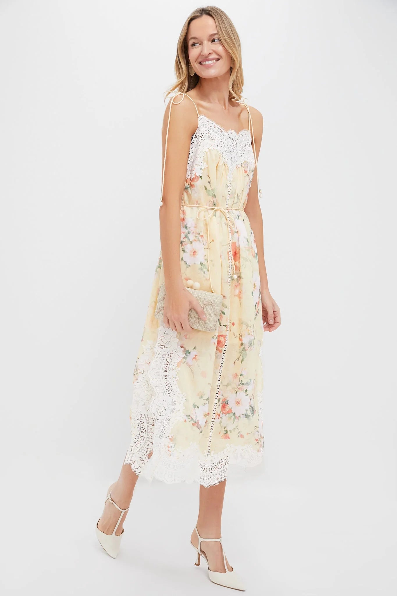 Yellow Watercolour Floral Everley Lace Trim Slip Dress
