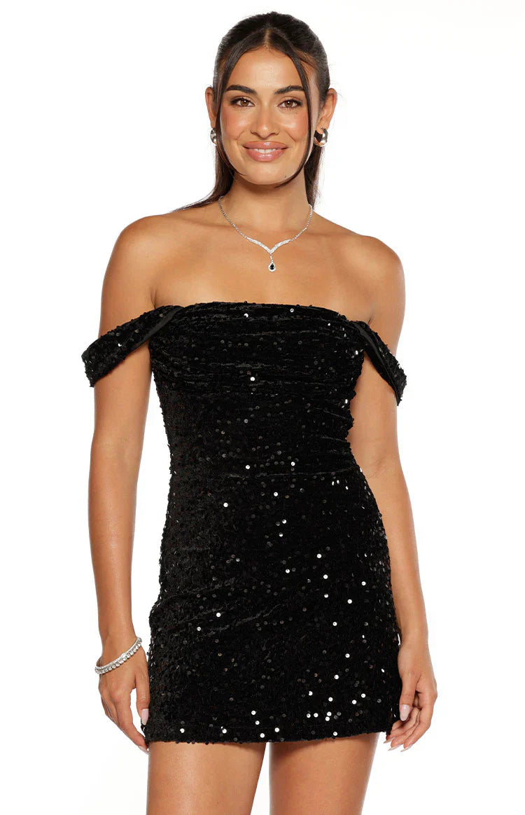 Zoella Black Velvet Sequin Off The Shoulder Mini Dress