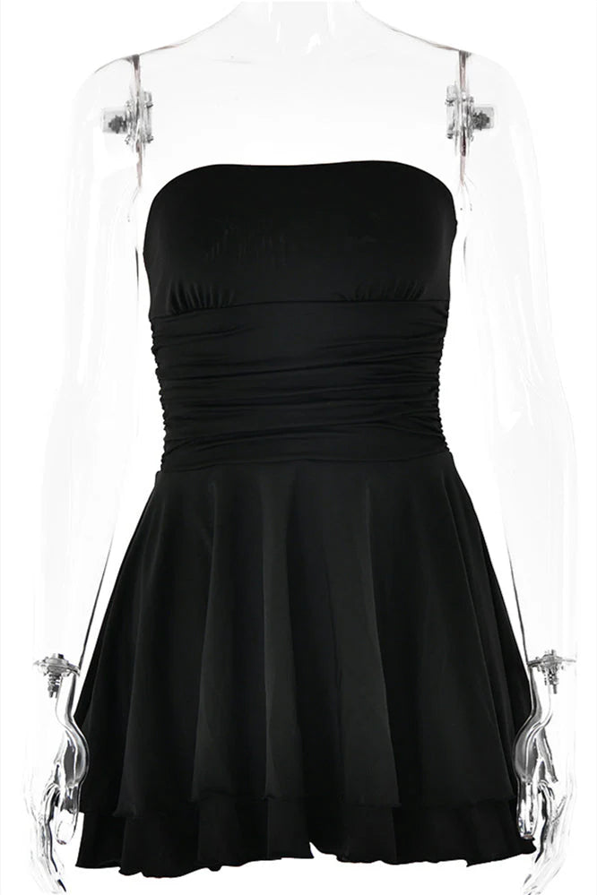 Strapless Orange Ruffle Ruched Short Dress