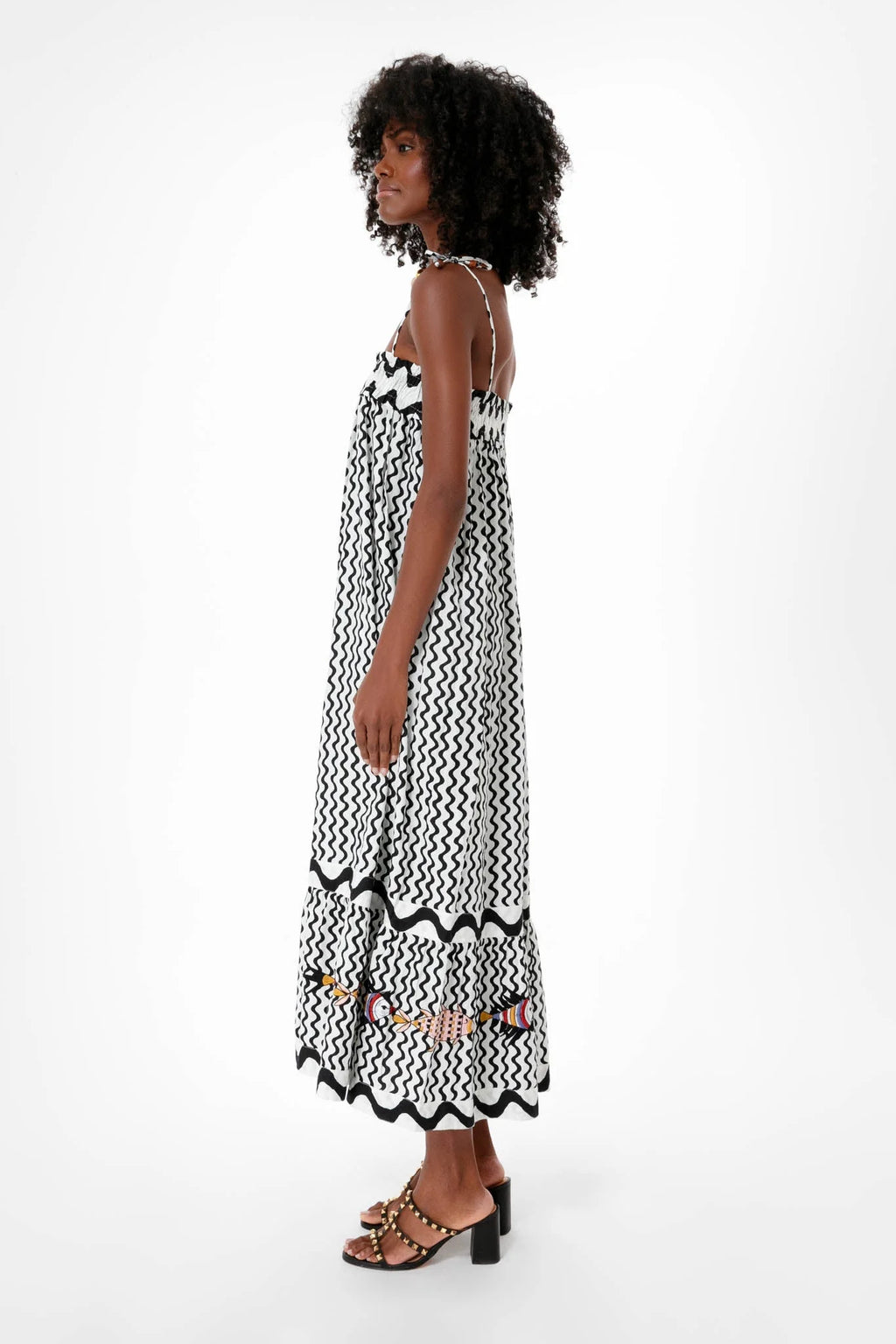 Black Ripple Tie Strap Smocked Straight Midi Dress