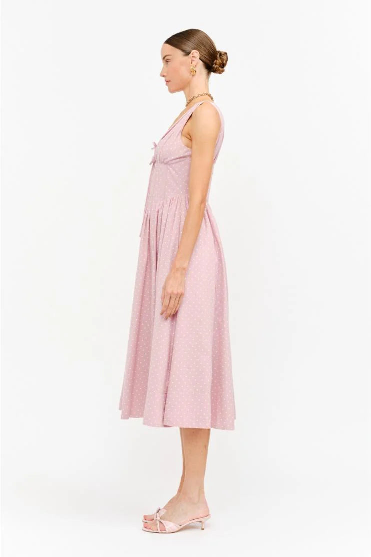 Darlene Polka Dot Linen Midi Dress - Pink