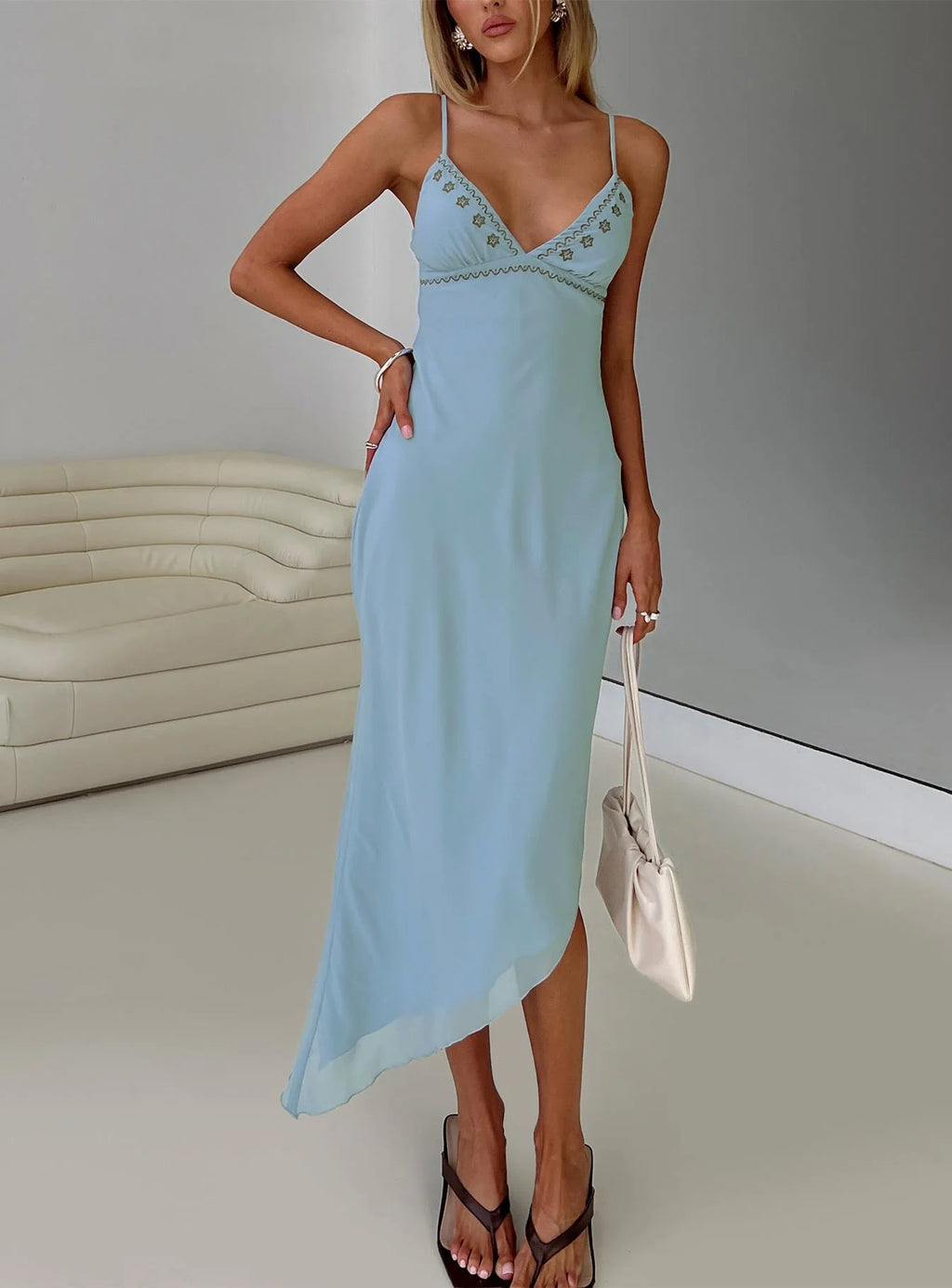 Fleuretta Embroidered Midi Dress Blue / Brown