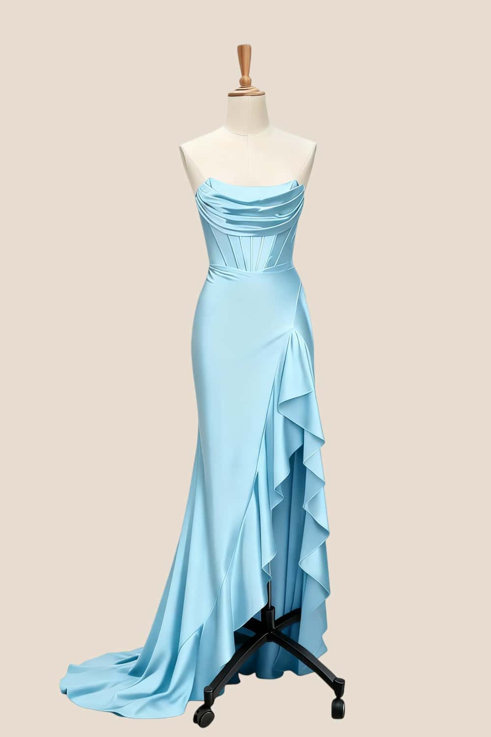 Yellow Satin Cowl Neck Frill Slit Long Dress