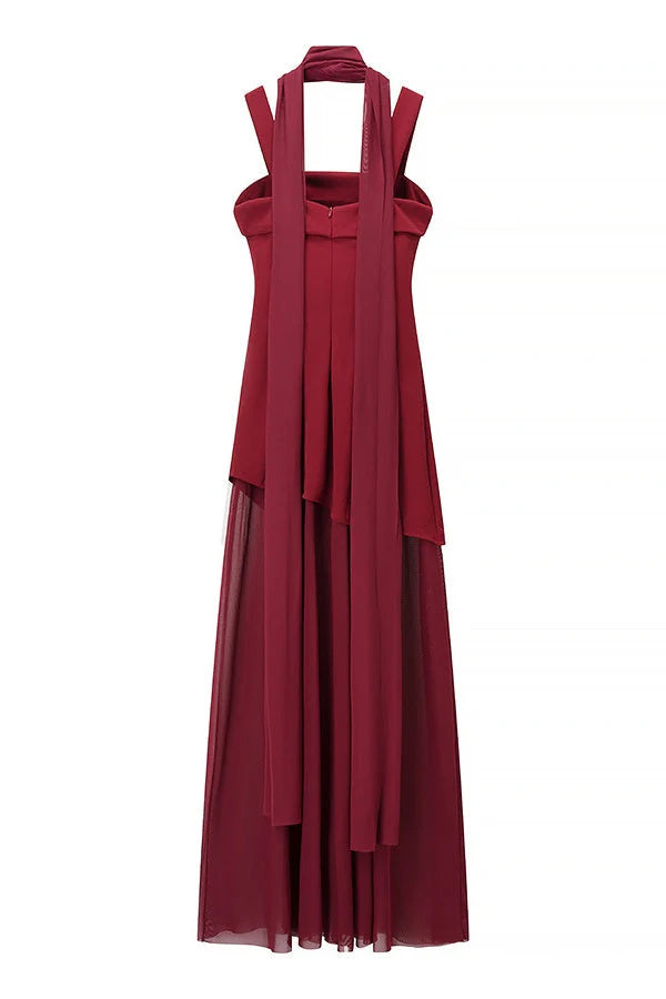 Yellow Straps A-line Maxi Dress with Scarf