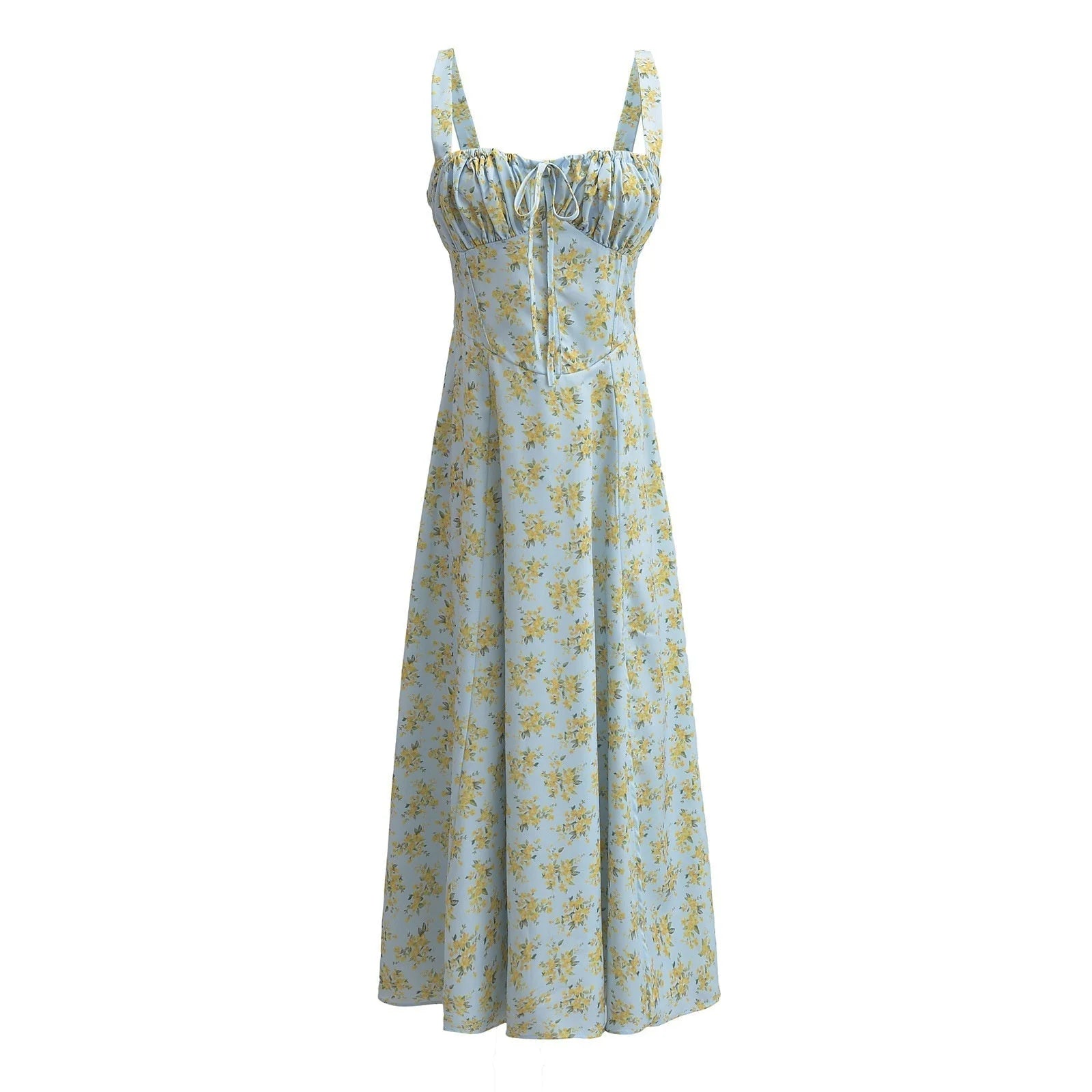 White Floral Ruched Neckline Bow Long Dress