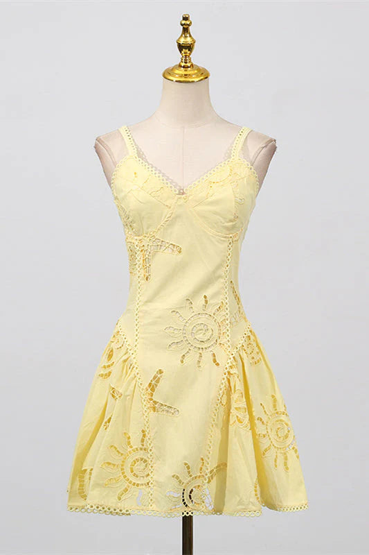 V-neck Pink Hollow A-line Short Dress