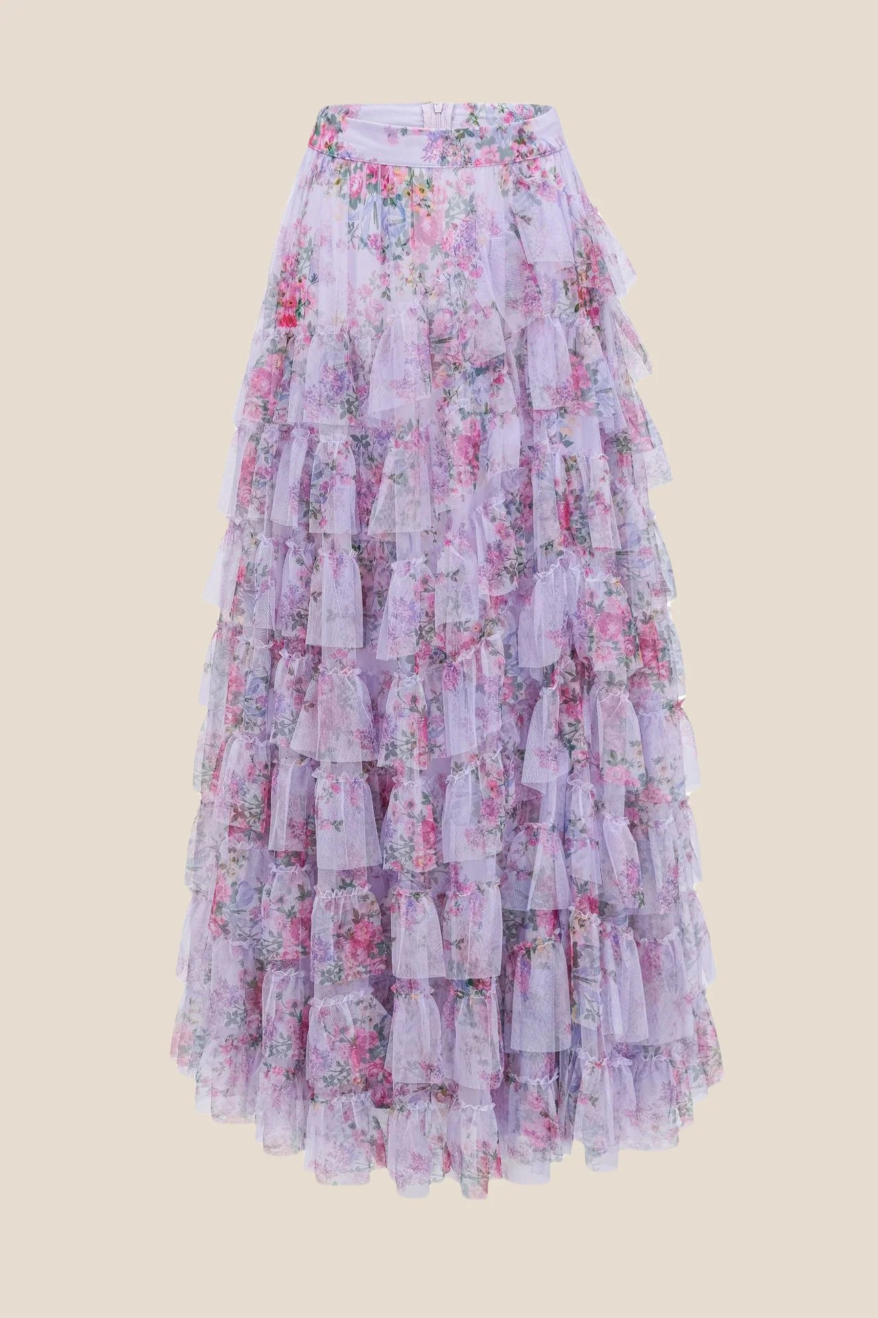 Two Pieces Lavender Floral Print Tiered Long Dress