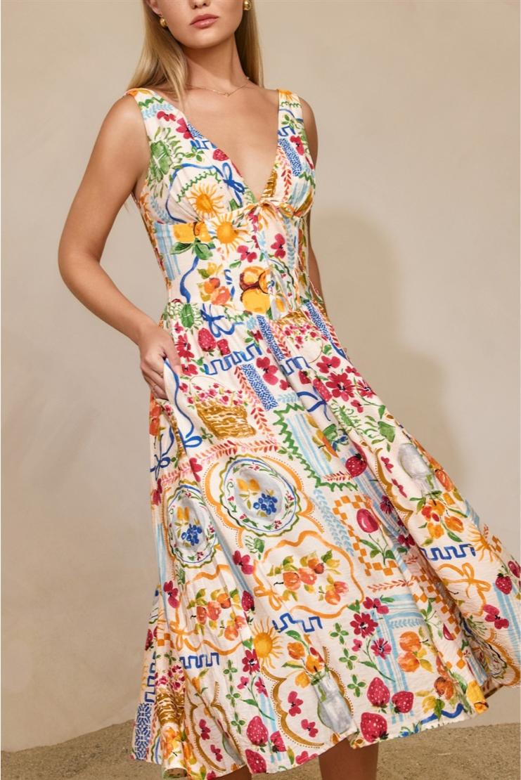 Santorini Plunging Corset Bodice Midi Dress