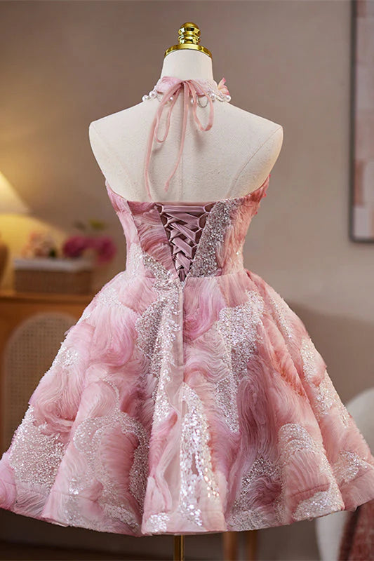 Strapless Pink 3D Floral Short Dress