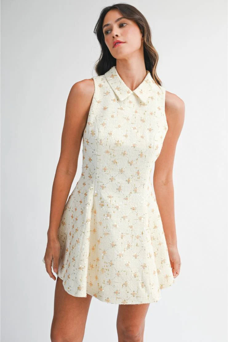 Maya Beaded Tweed Sleeveless Flared Mini Dress