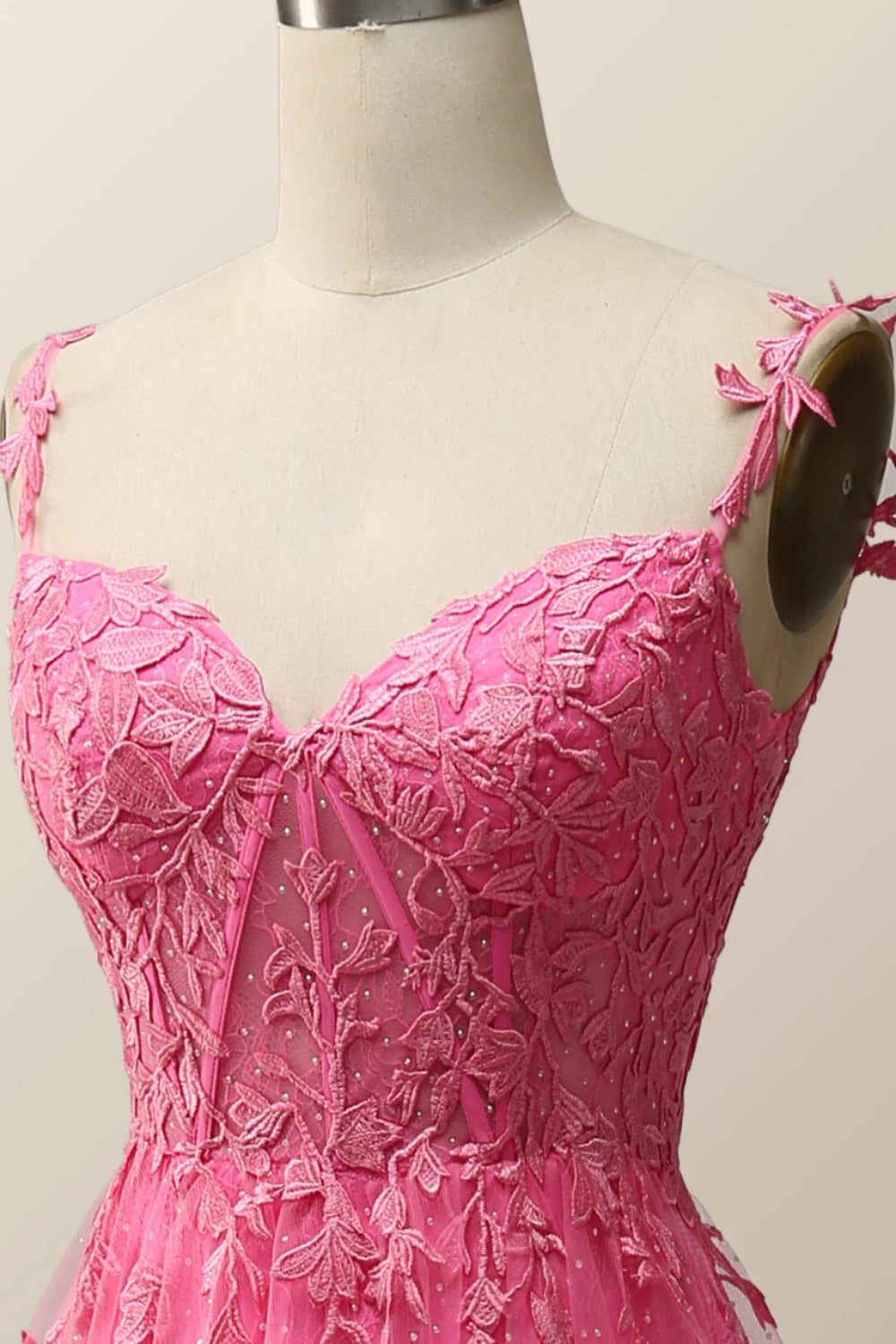 Hot Pink Lace Appliques A-line Long Formal Gown