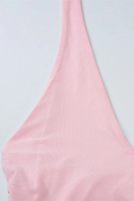 Halter Pink Ruched Tiered Long Dress