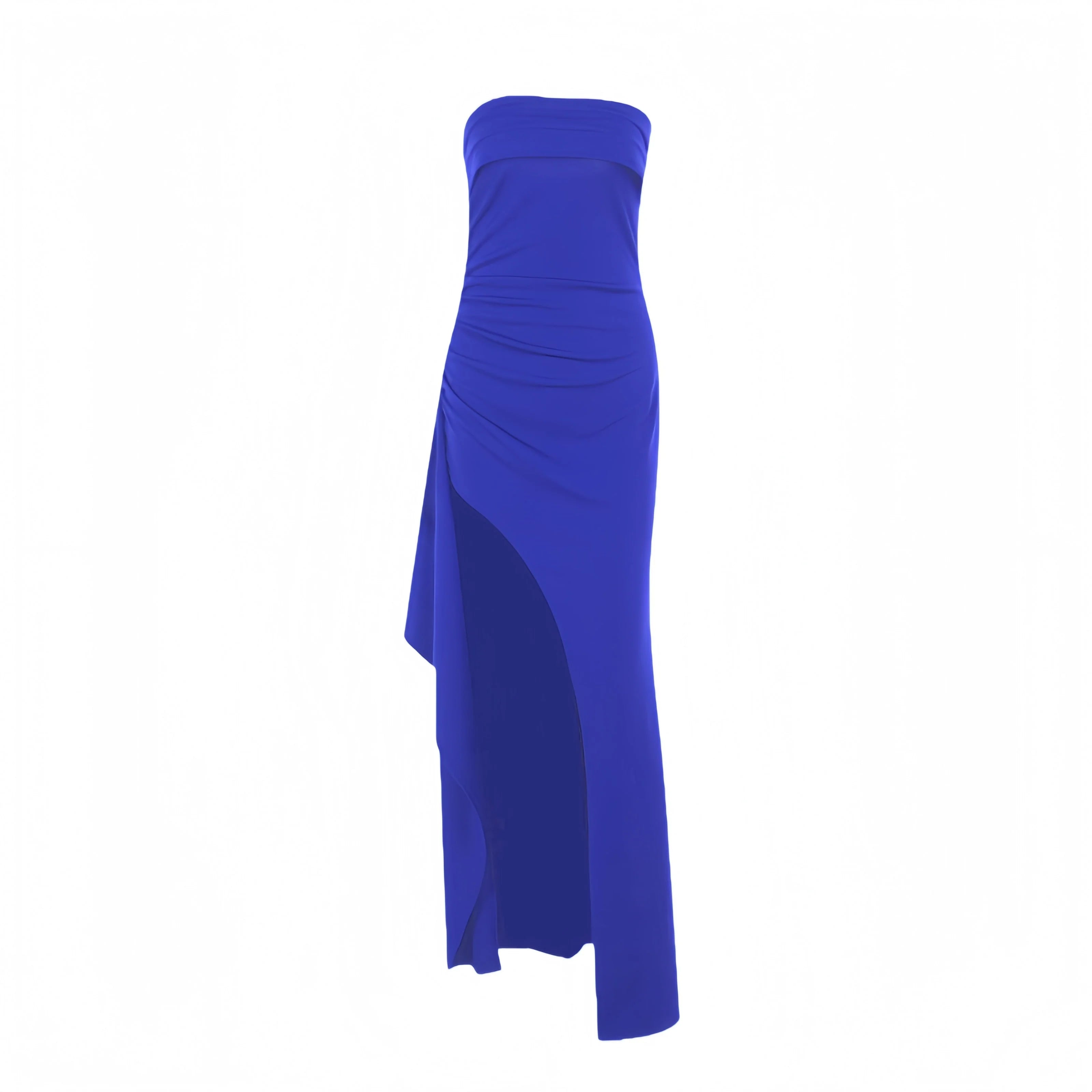 Strapless Navy Blue Pleated Long Dress with Slit