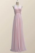 Halter Pink Chiffon A-line Long Bridesmaid Dress