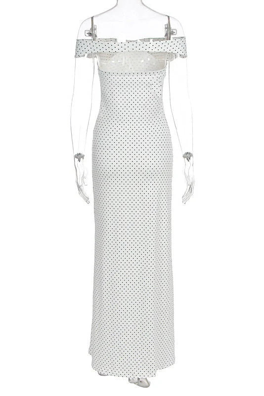 White Off-shoulder Polka Dot Long Dress
