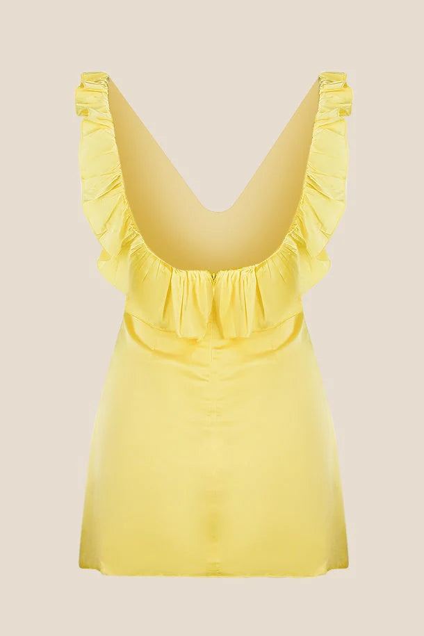 V-neck Yellow Ruffled A-line Short Dress