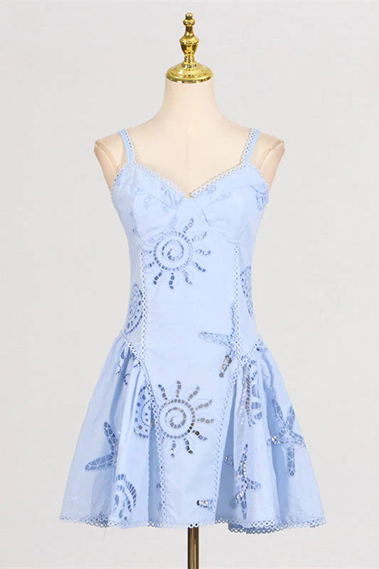V-neck Pink Hollow A-line Short Dress