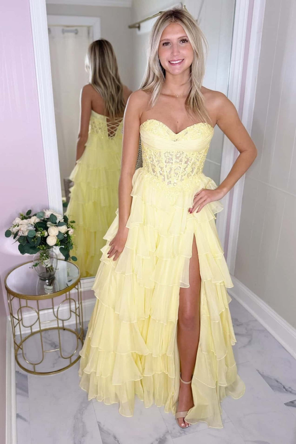 Light Blue Lace Corset Chiffon Ruffle Long Dress