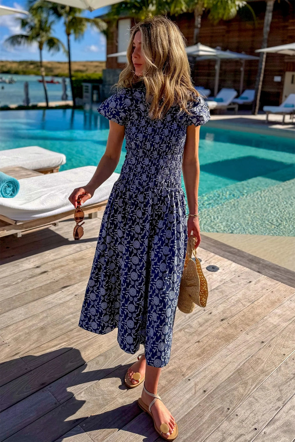 Blue Floral Smocked Rollins Midi Dress