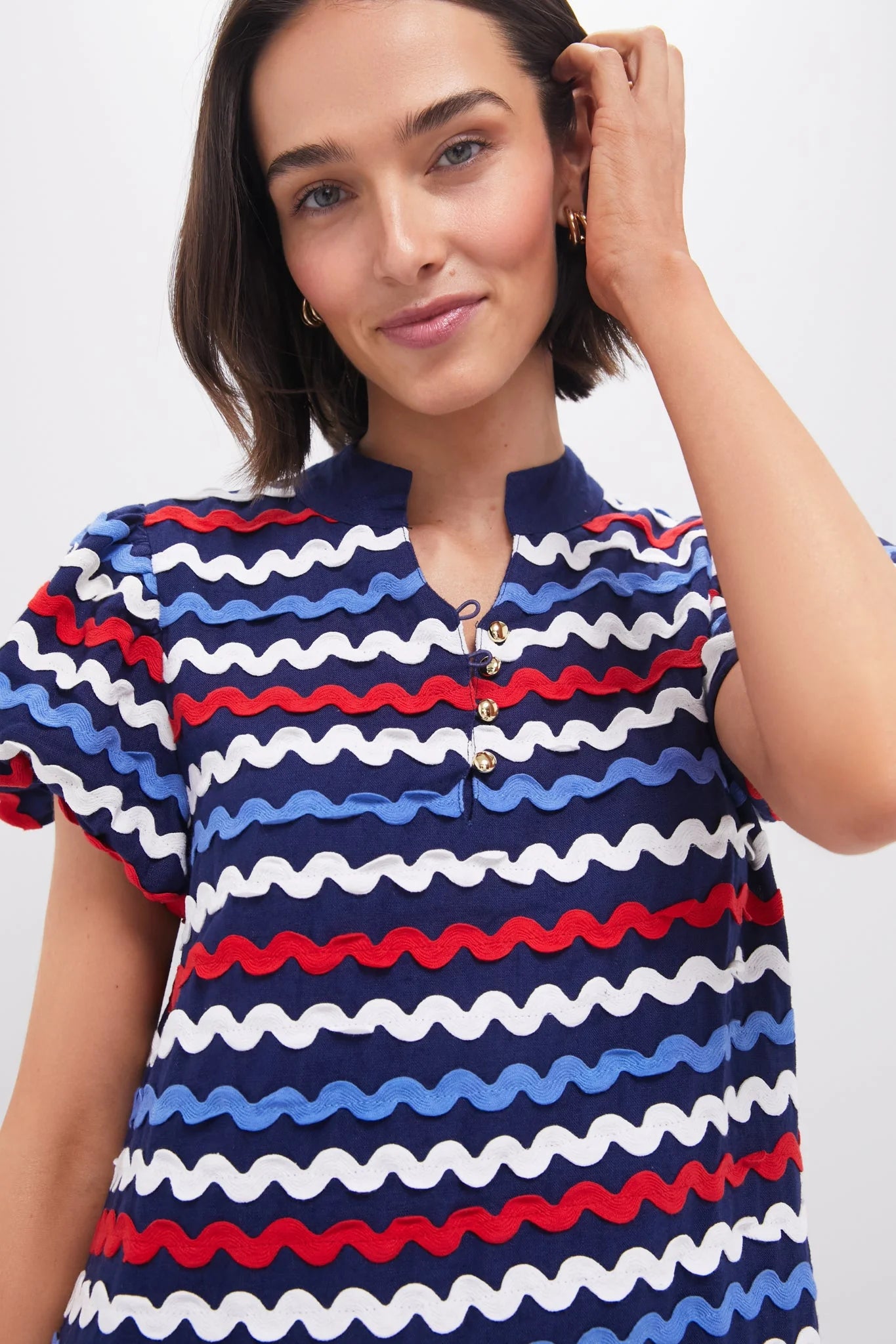 Navy Multi Ric-Rac Button Front Mini Dress