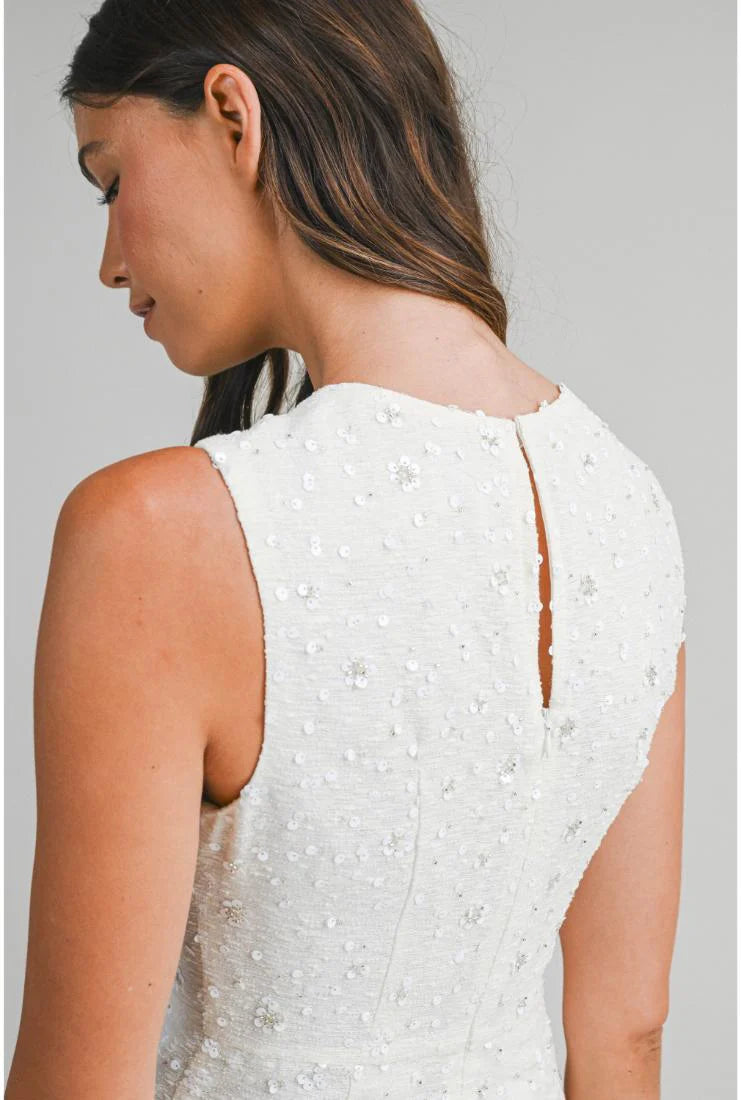 Whitney Beaded Sequin Mermaid Hem Midi Dress - White