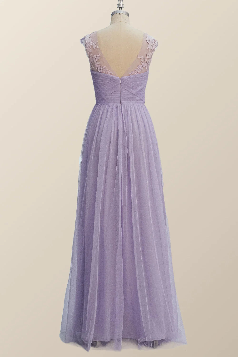 Lavender Illusion Scoop Lace Appliques A-line Bridesmaid Dress
