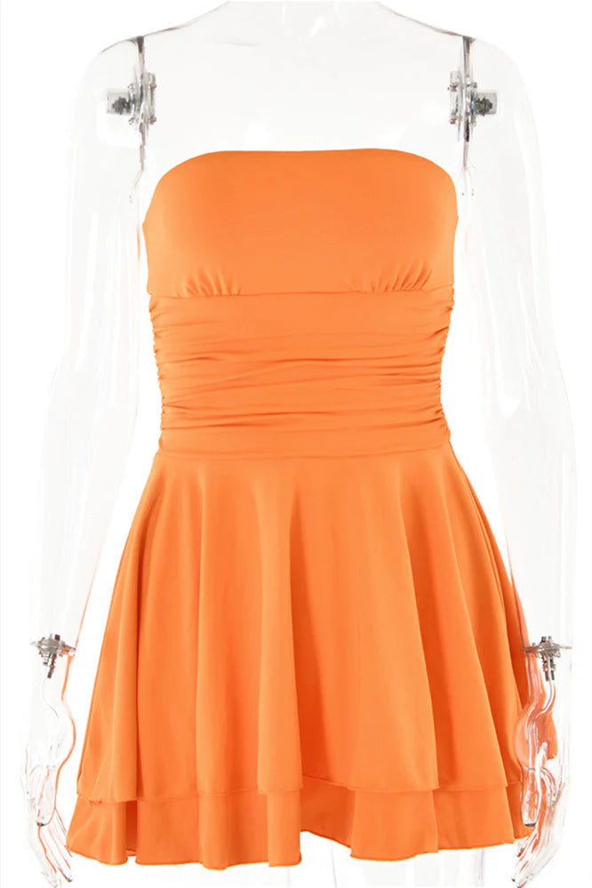 Strapless Hot Pink Ruffle Ruched Short Dress
