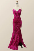 Strapless Fuchsia Sequin Mermaid Long Formal Dress