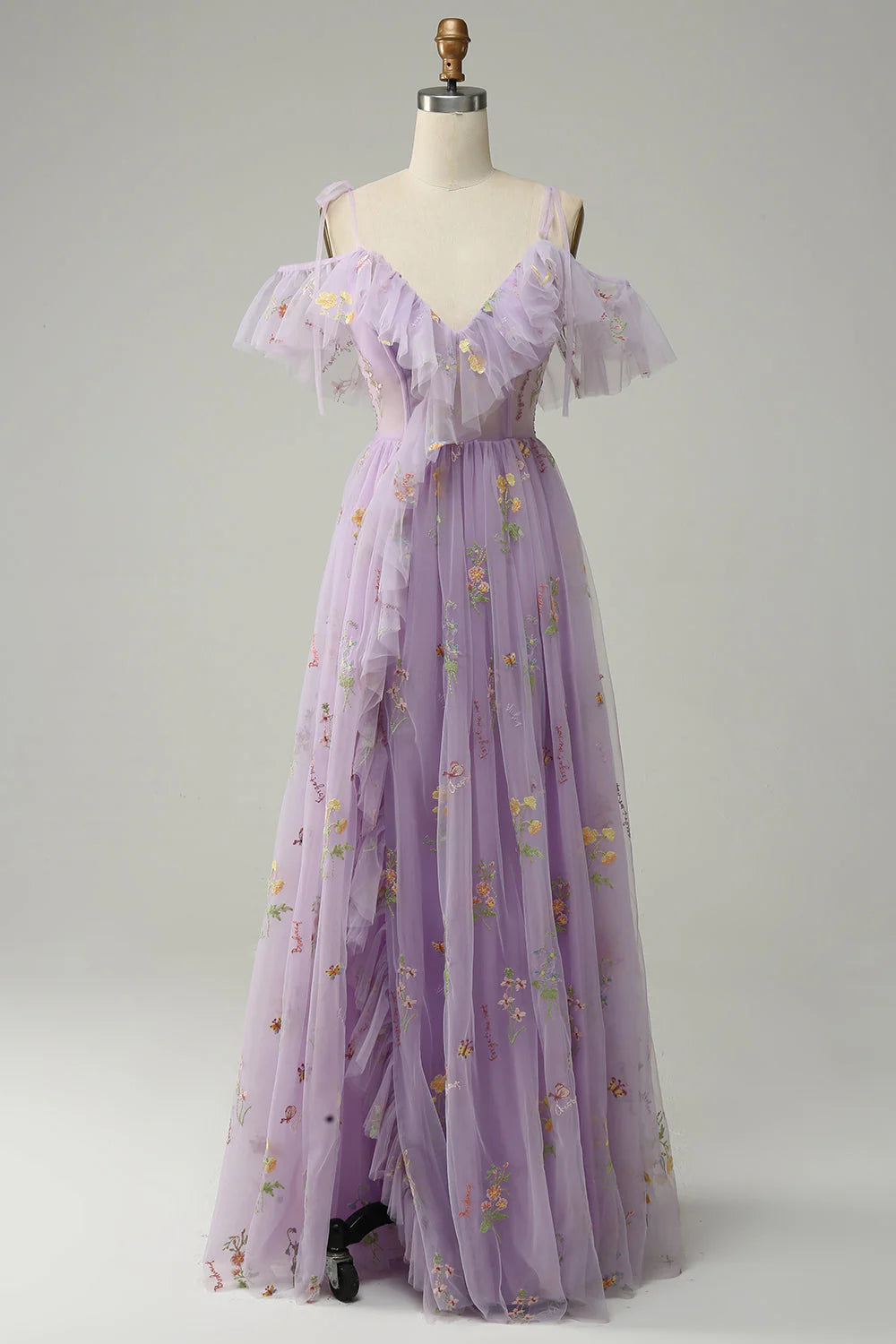 Lavender Floral Ruffles Tulle A-line Long Prom Dress