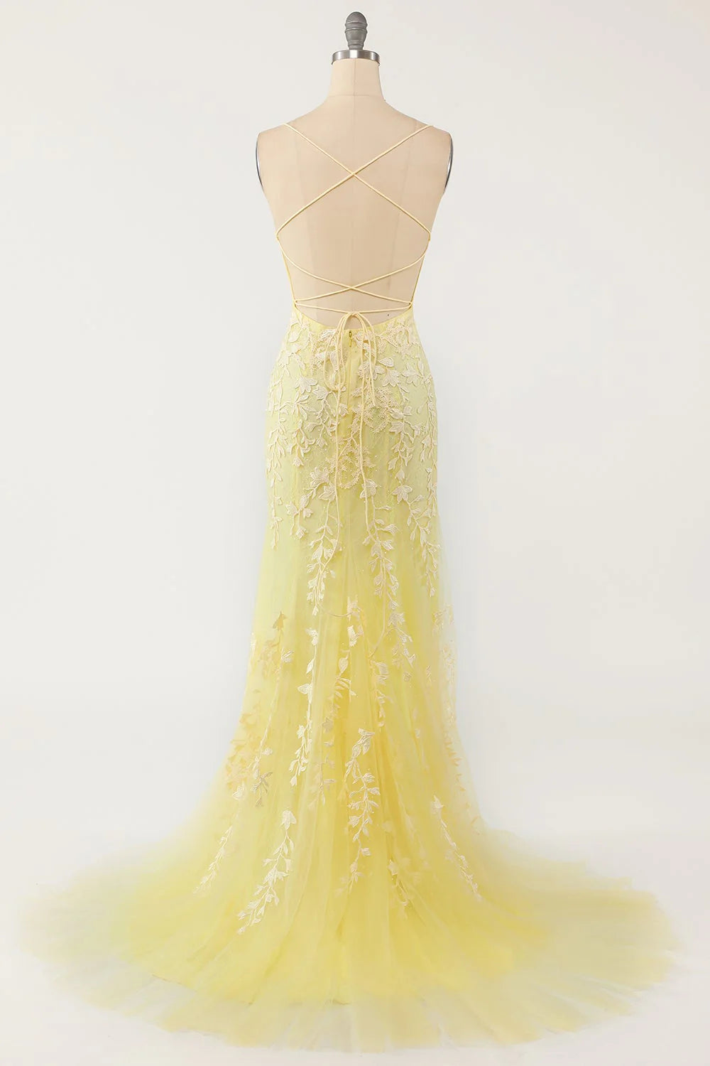 Yellow Mermaid Lace Appliques Long Formal Dress