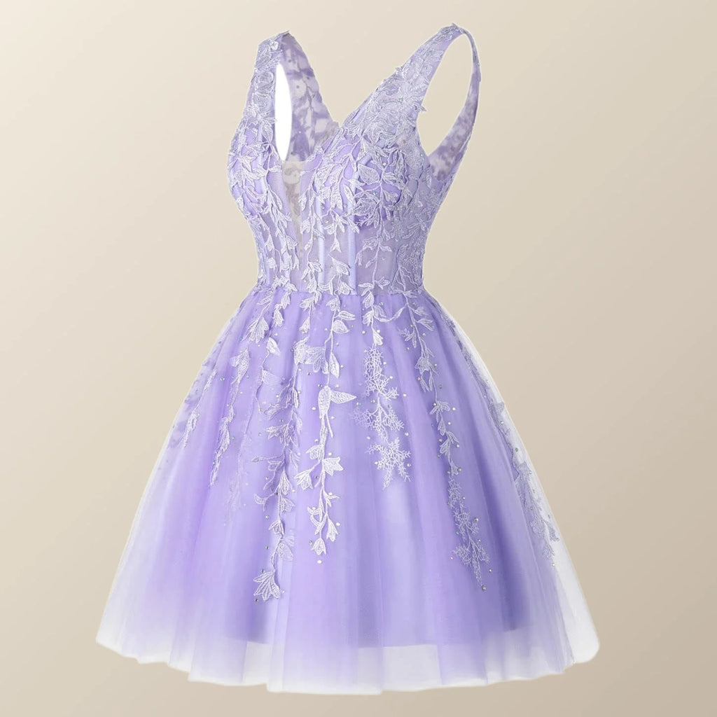 V Neck Lavender Appliques A-line Short Homecoming Dress