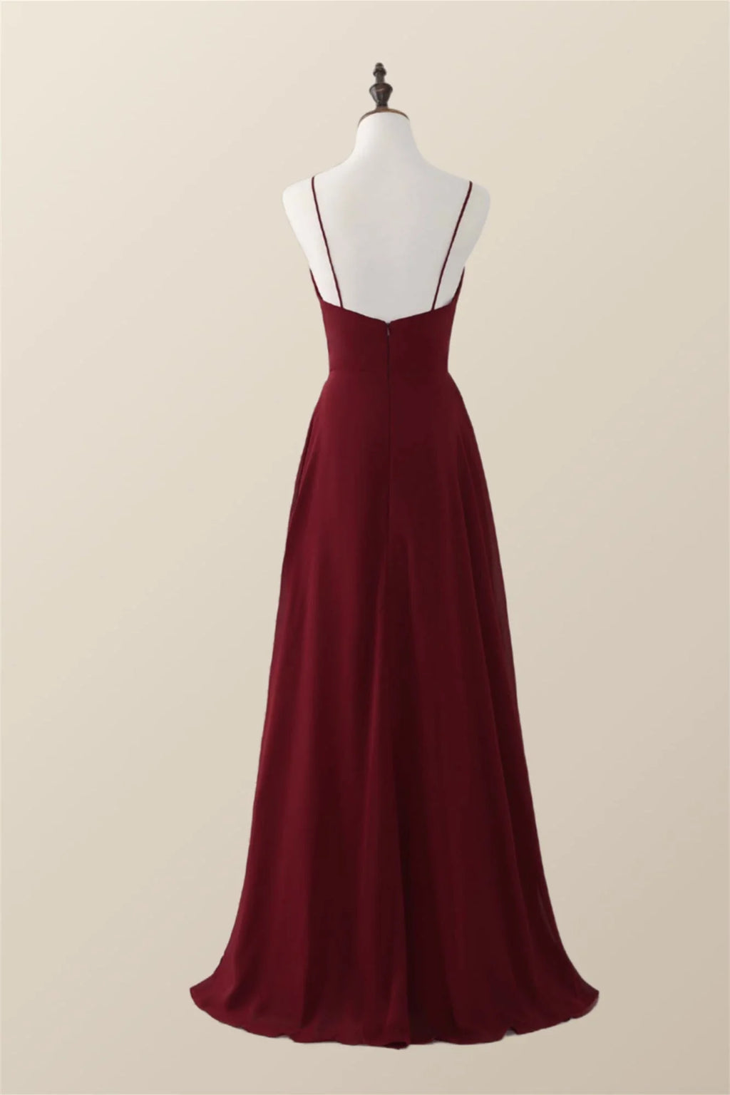 Wine Red Straps Ruffle A-line Long Bridesmaid Dress