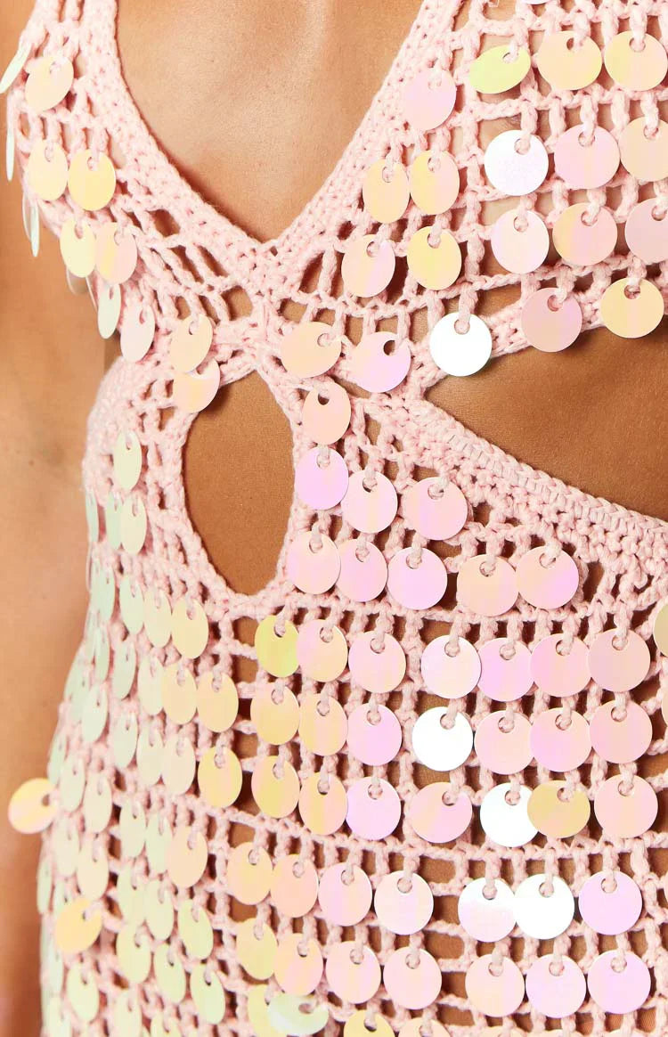 Cindy Pink Sequin Crochet Mini Dress