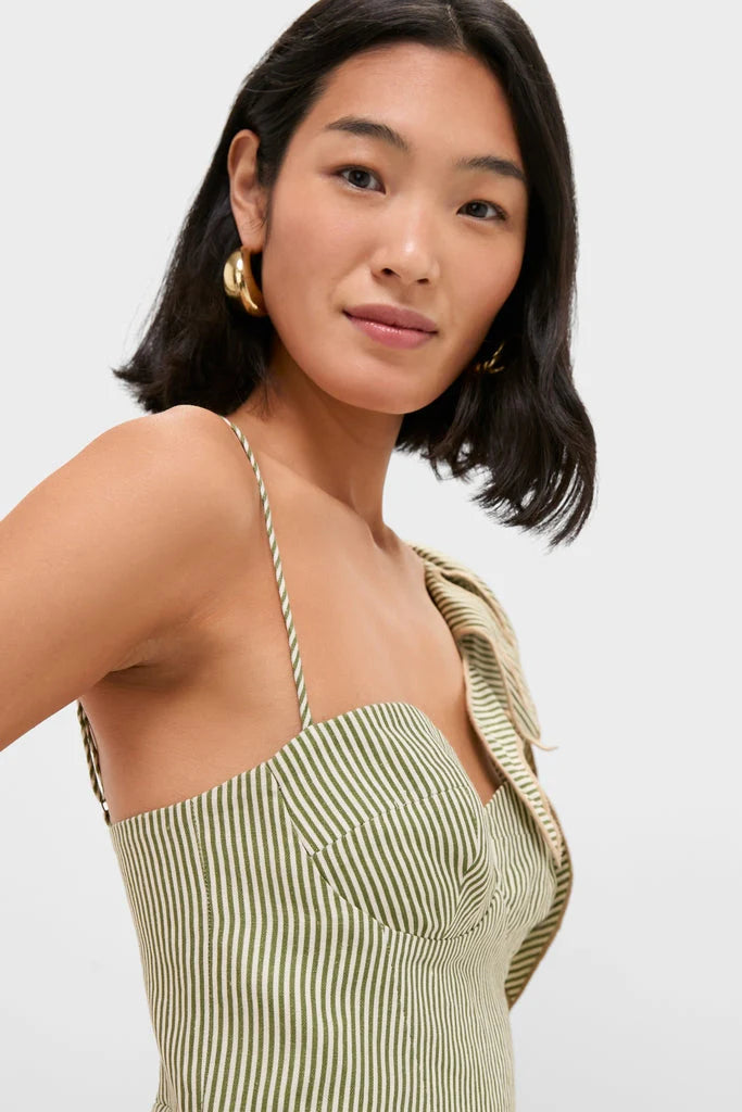Green Striped Monsterea Leaf Sleeveless Midi Dress