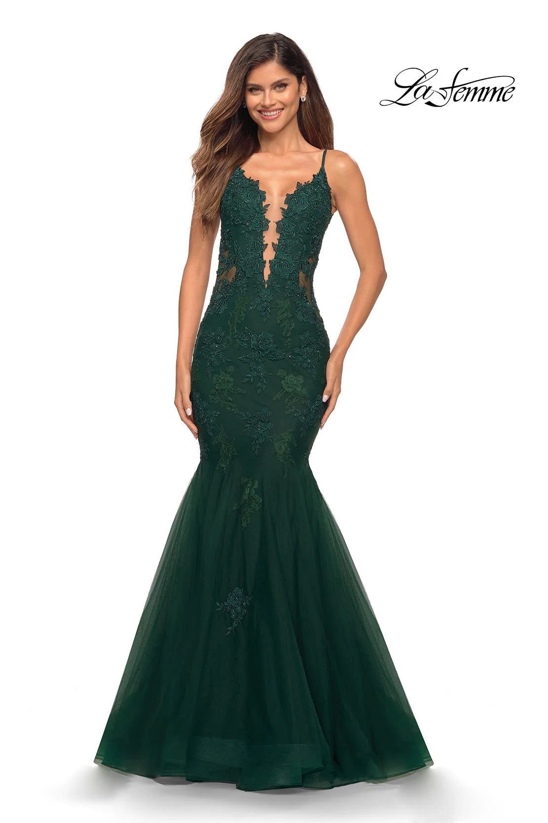 La Femme Lace Bodice Long Mermaid Prom Dress
