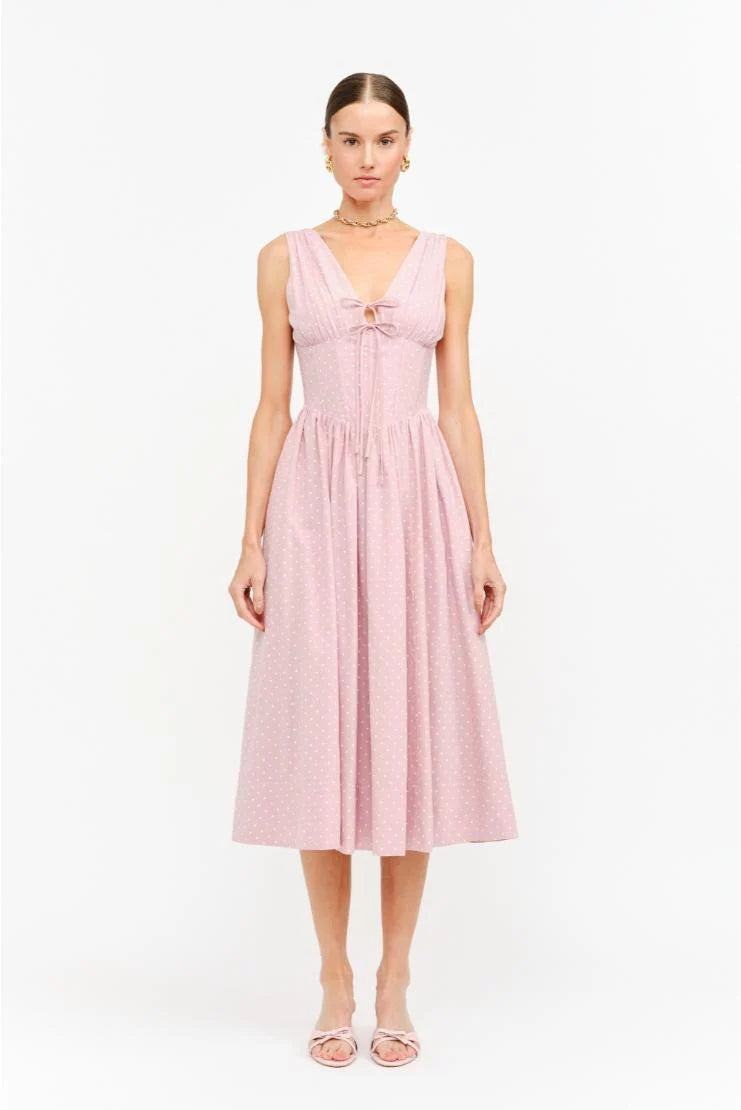 Darlene Polka Dot Linen Midi Dress - Pink