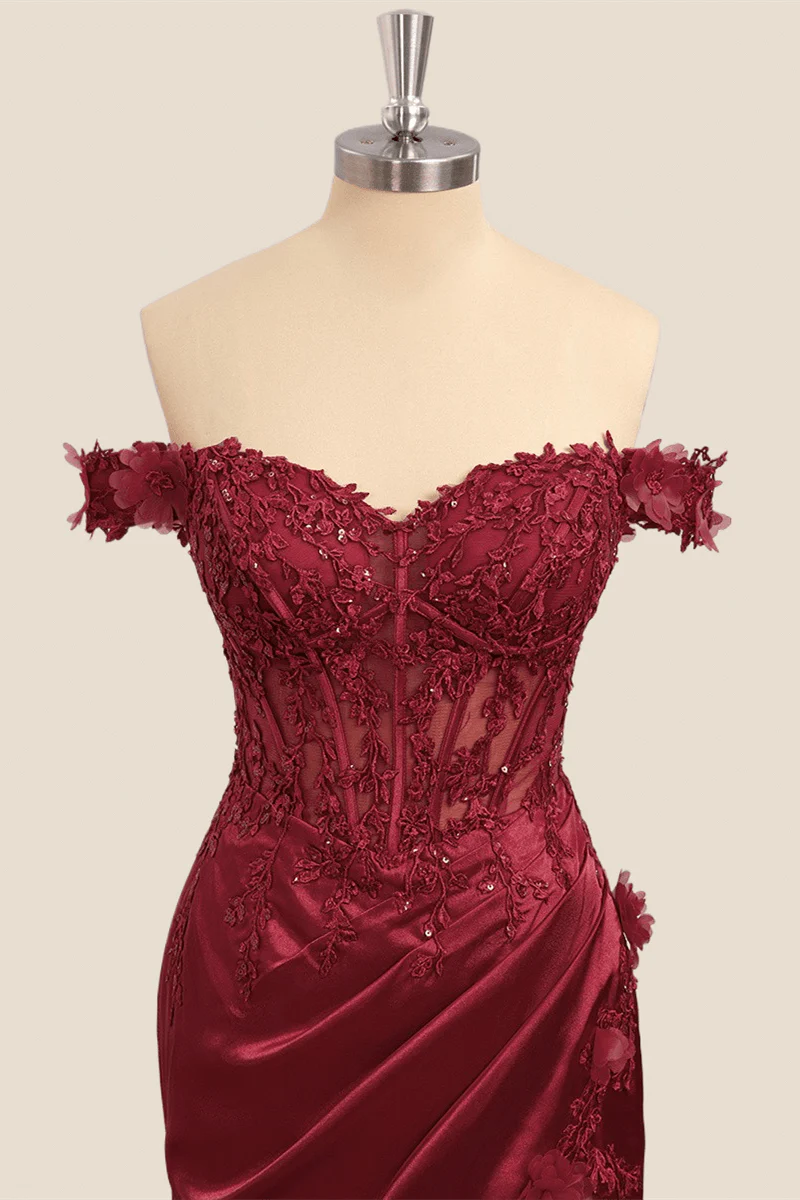 Lace Off the Shoulder Wine Red Satin Mermaid Dress