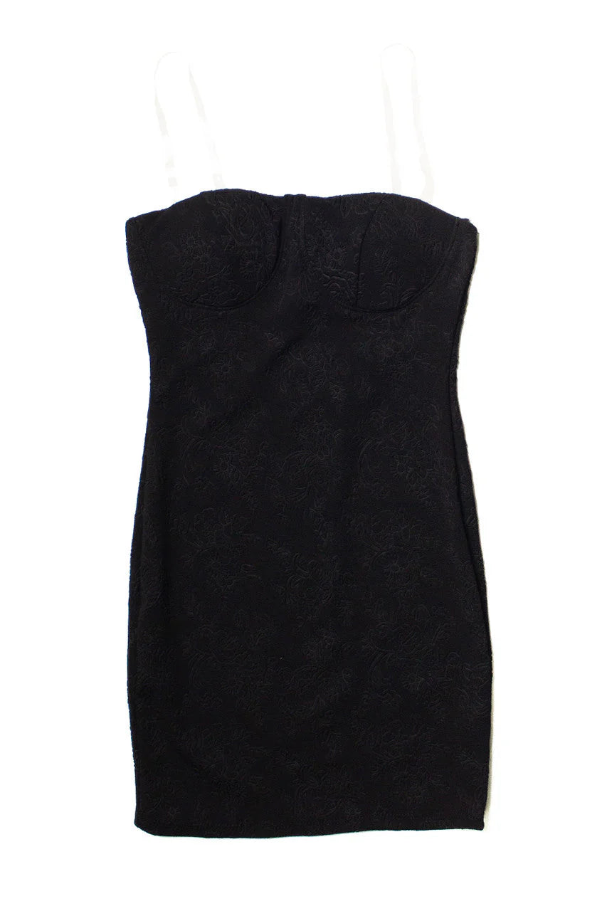 Black Jacquard Bustier Clear Straps Mini Dress