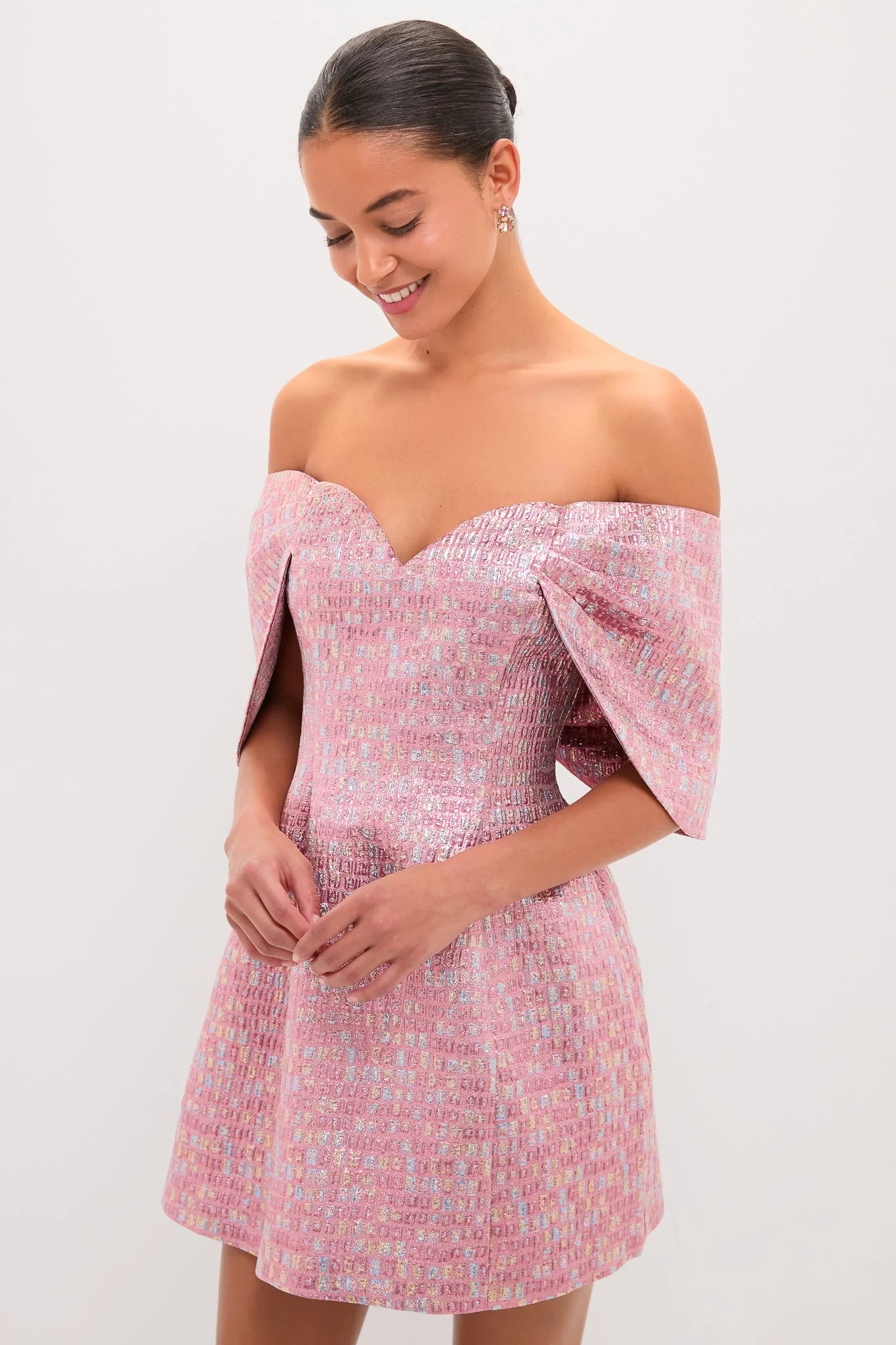 Pink Multi Jacquard Off-the-Shoulder Kara Mini Dress