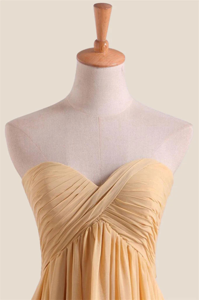 Yellow Pleated Sweetheart Chiffon Long Bridesmaid Dress