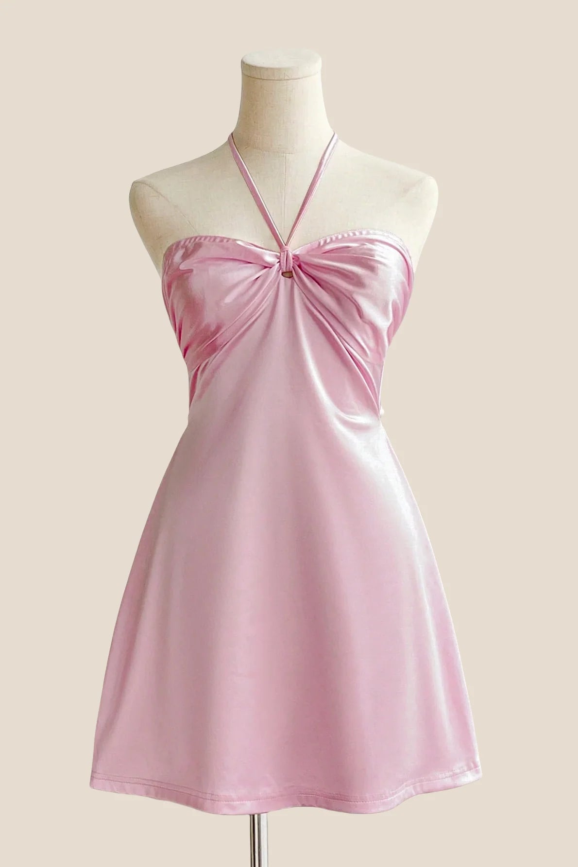 Halter Sage Green Back Tie A-line Short Dress