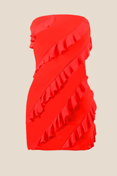 Strapless Coral Ruffled Bodycon Short Dress